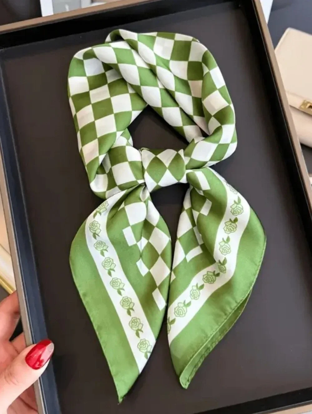 Silk-feel Green & White Check Neck Scarf - Women's Accessory